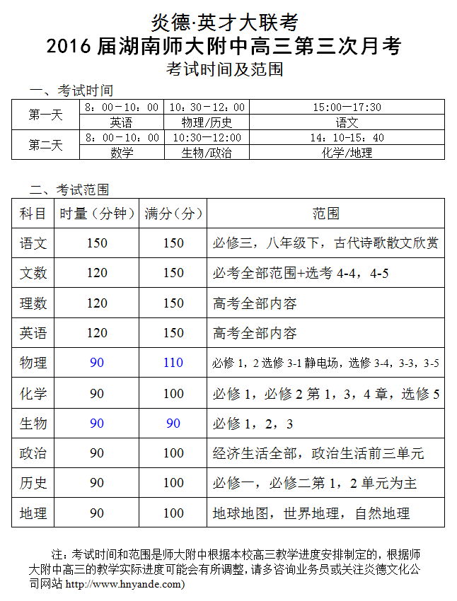 炎德英才大联考湖南师大附中2016届高三第3次月考考试范围