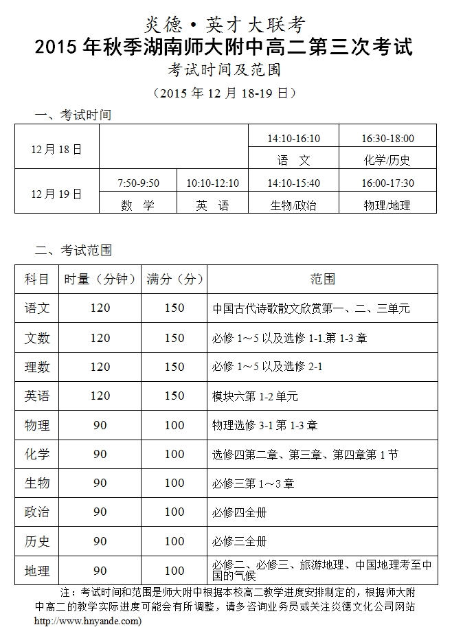 炎德英才大联考2015年秋季湖南师大附中高二第三次考试时间和范围（2015.12.18-19）