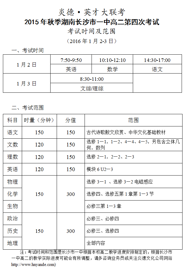 炎德英才大联考长沙市一中2015年秋季高二第四次考试时间和范围（2016.1.2-3）