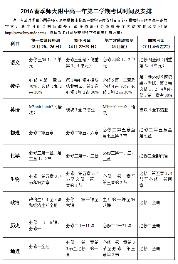 2016春季师大附中高一第二学期考试时间和安排