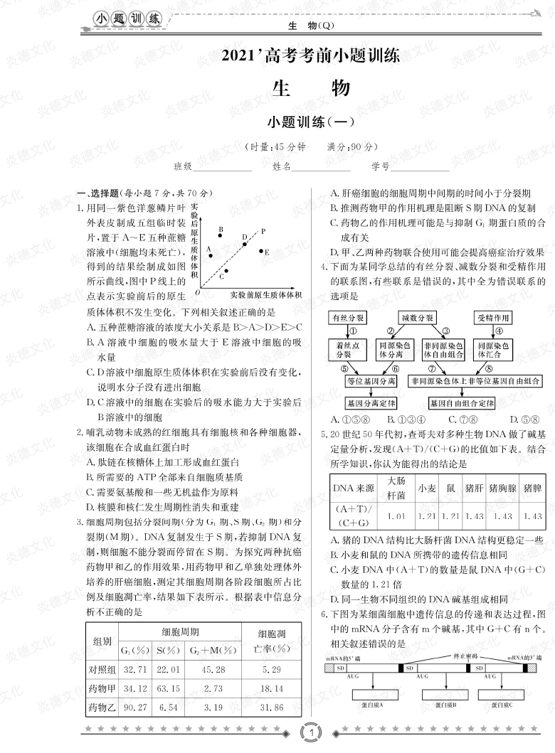 [生物]长郡中学2021高考考前小题冲刺训练（老高考）