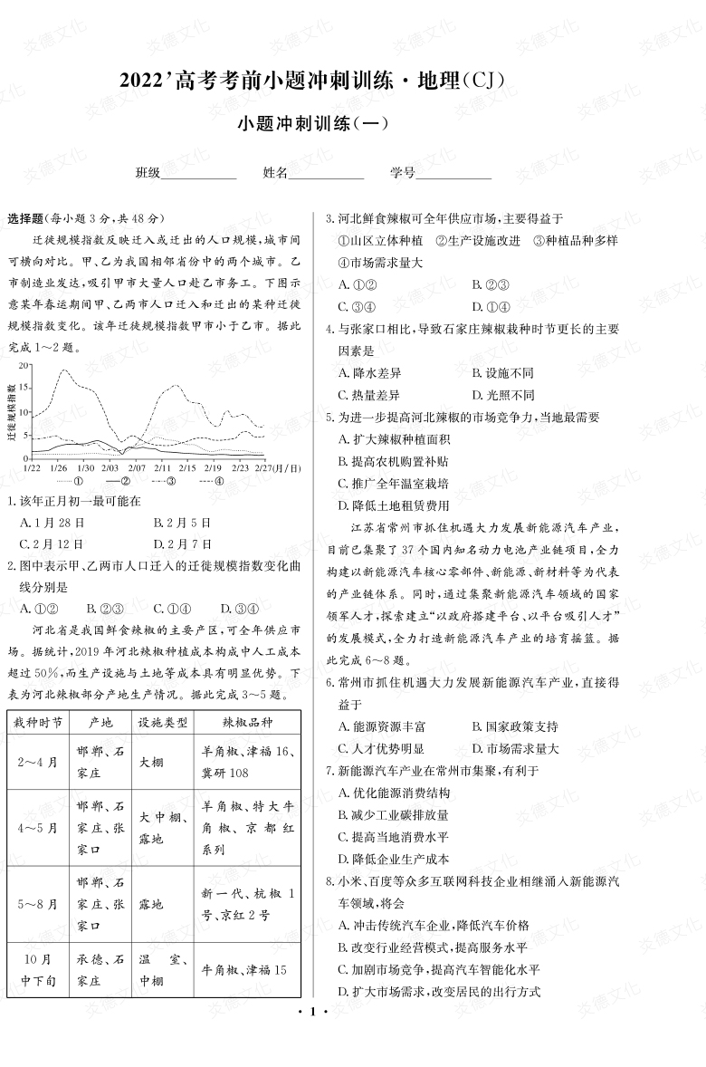 [地理]长郡中学2022高考考前小题冲刺训练