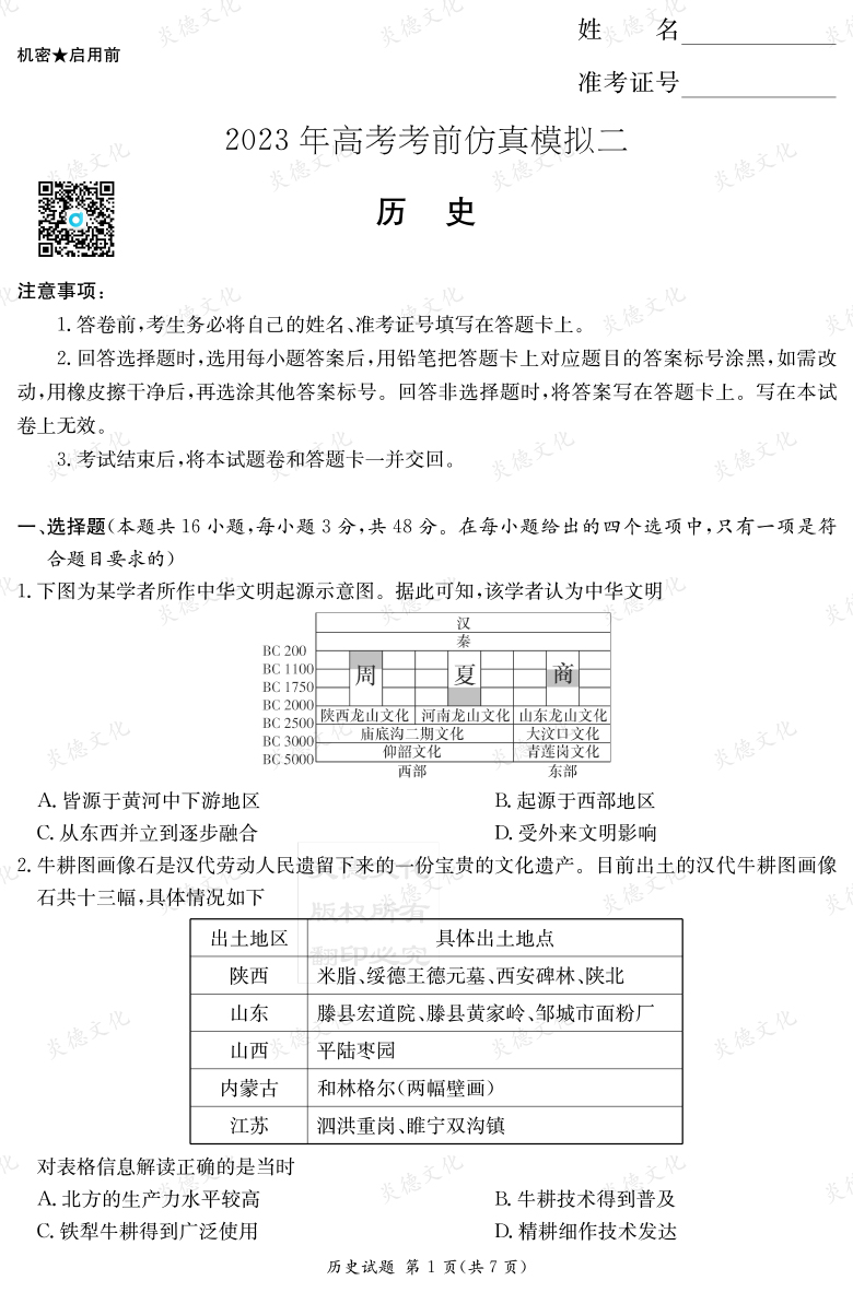[历史]湖南省2023年普通高中学业水平选择性考试考前演练（六）